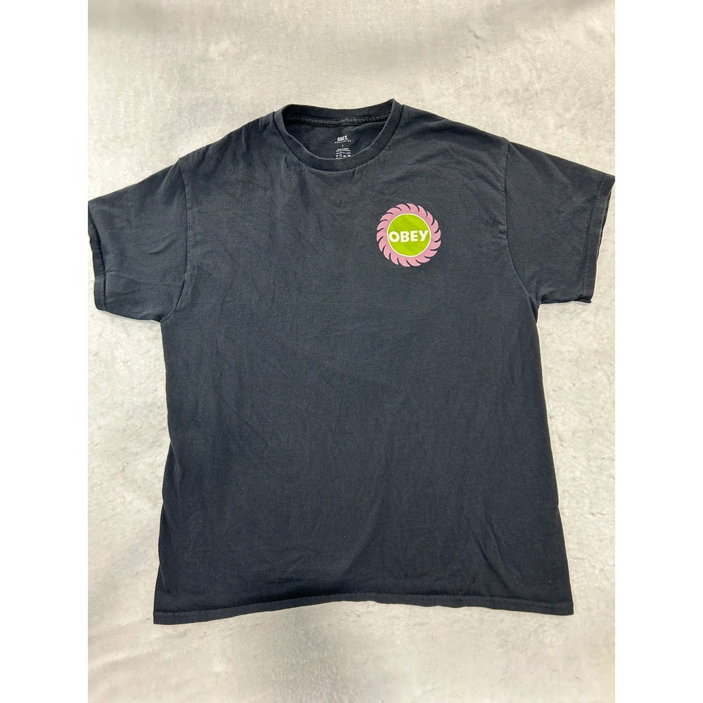 Obey Worldwide Graphic T-Shirt Mens Large Black Pink Green Saw Logo Tee